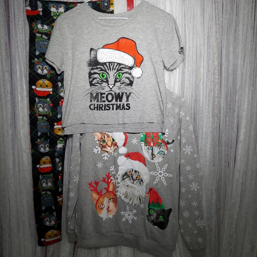 MEOWY CHRISTMAS CAT THEME LOUNGE WEAR. LIGHT UP SWEATER, CROP T, FLEECE LEGGINGS